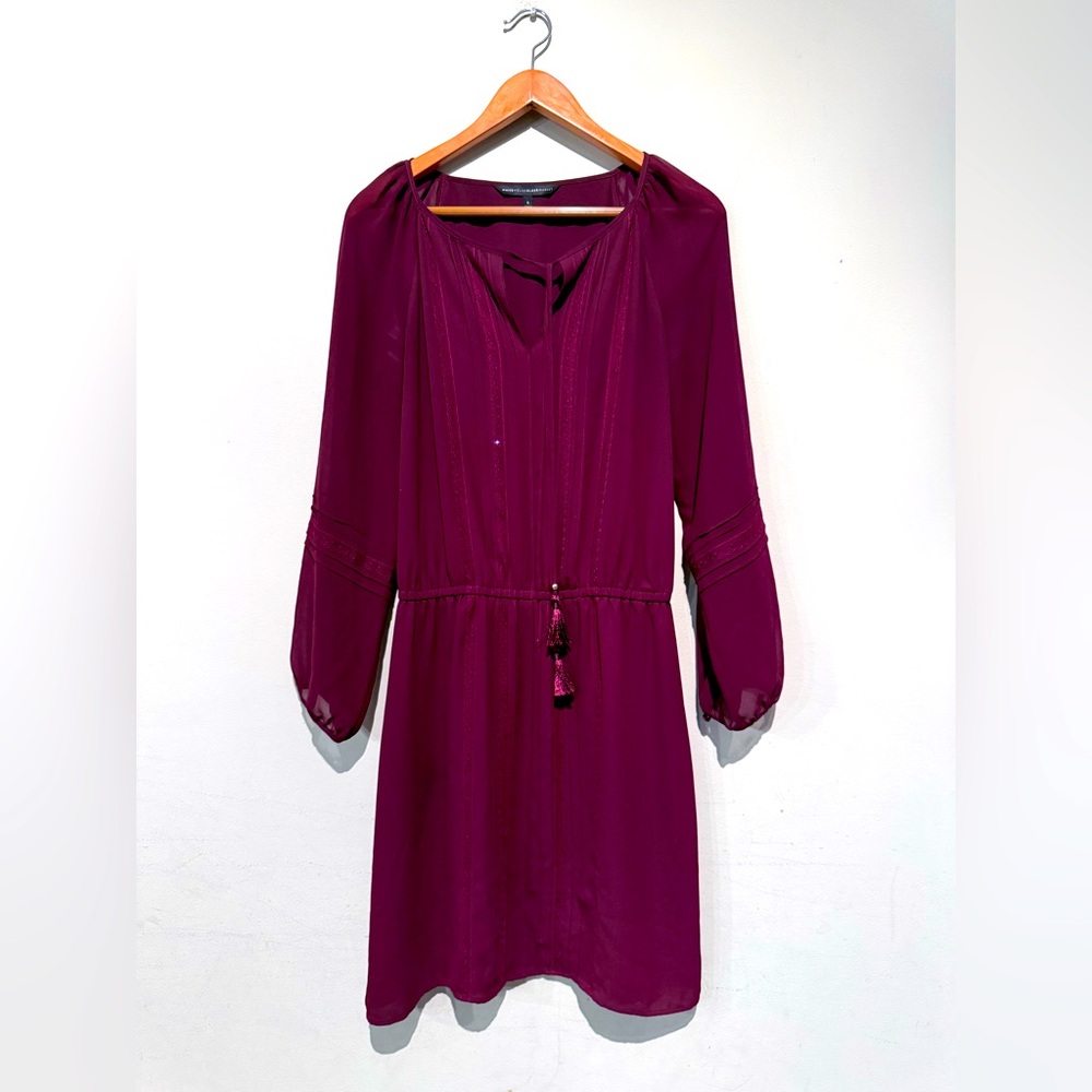 White House Black Market Burgundy Tie Neck Lace Dress Elastic Waist Women Sz S